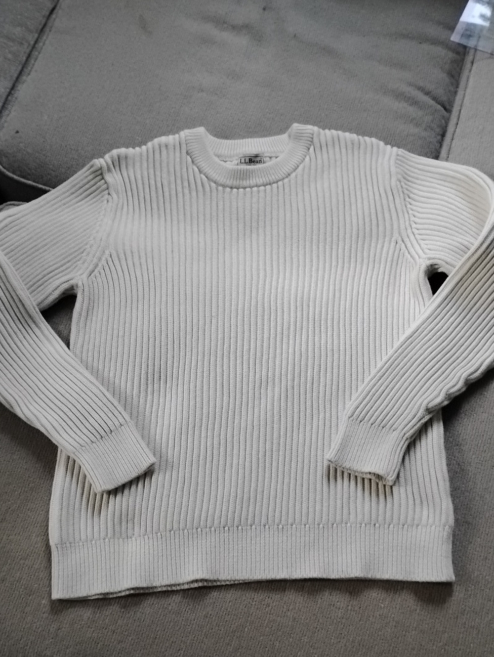 Men's L.L.Bean Crewneck Ribbed Knit Sweater, Cream Cotton Cable Knit 100% Cotton